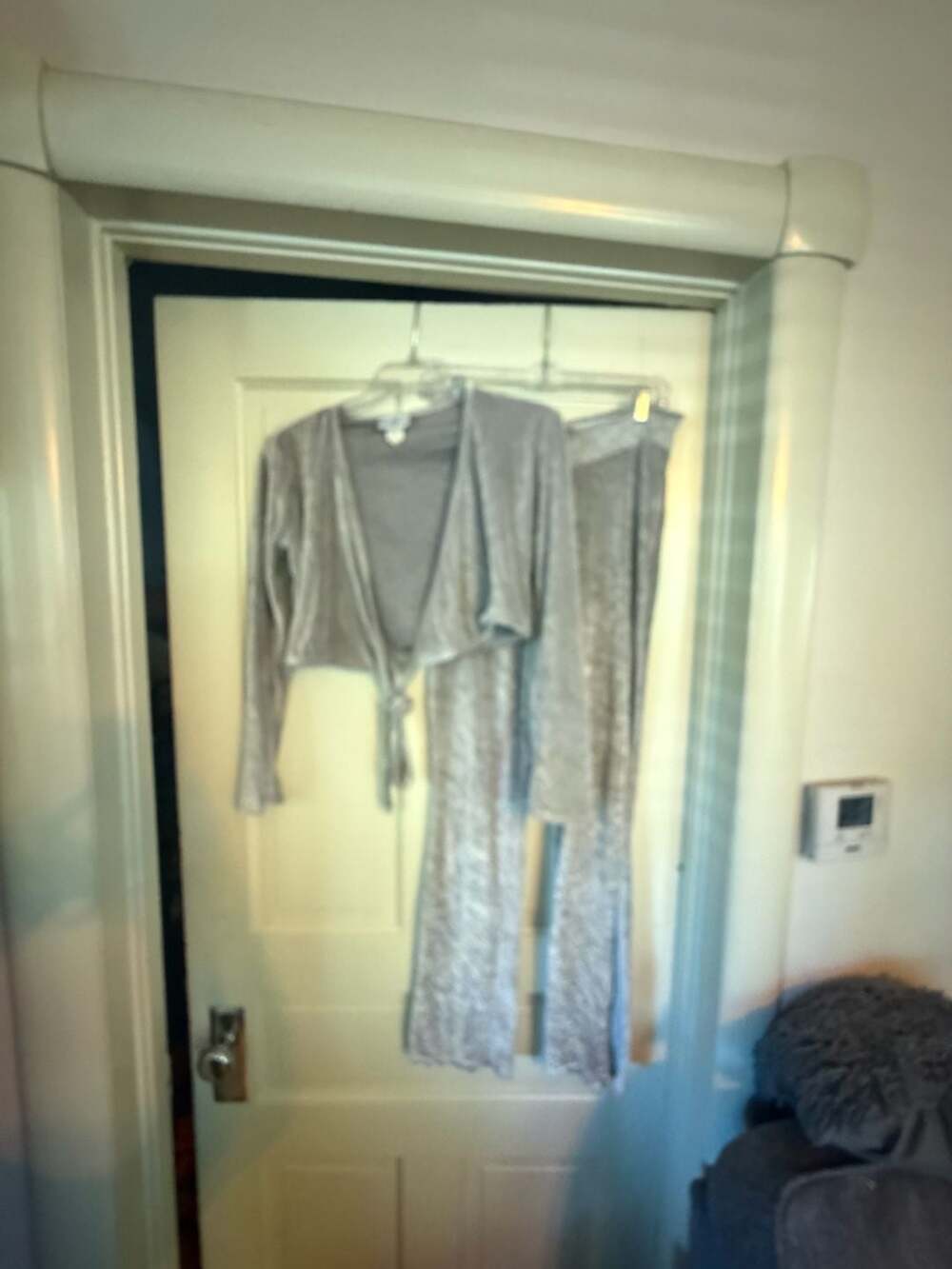 Greed Girl Velvet Pant Set Size L Silver Shimmer Tie Crop Top & Pants